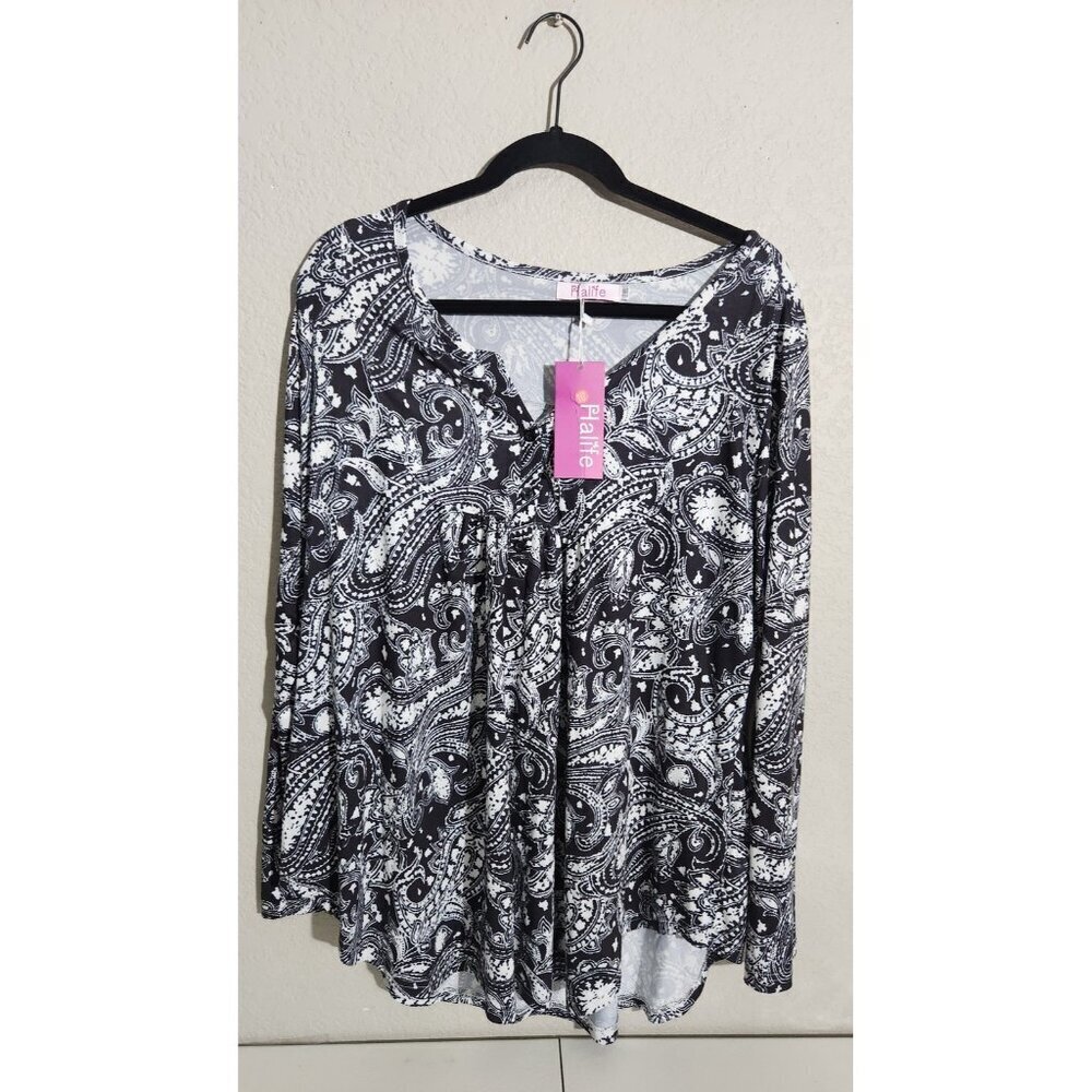 Halife Shirt Womens 2XL Black White Paisley Print Long Sleeve Button Top XXL
